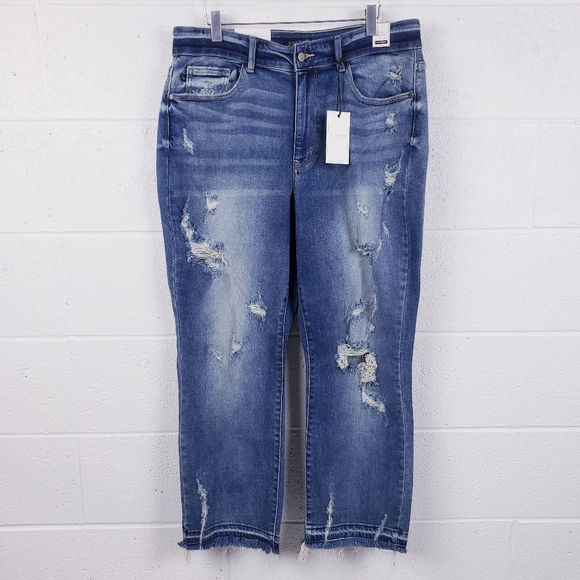 Judy Blue Denim - Judy Blue High Waist Distressed Raw Hem Straight Leg Jeans Women's Size 14W